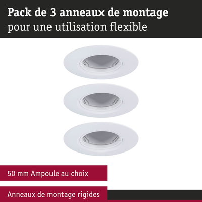 Pack de 3 anneaux de montage rigides blancs pour ampoules 50 mm, utilisation flexible