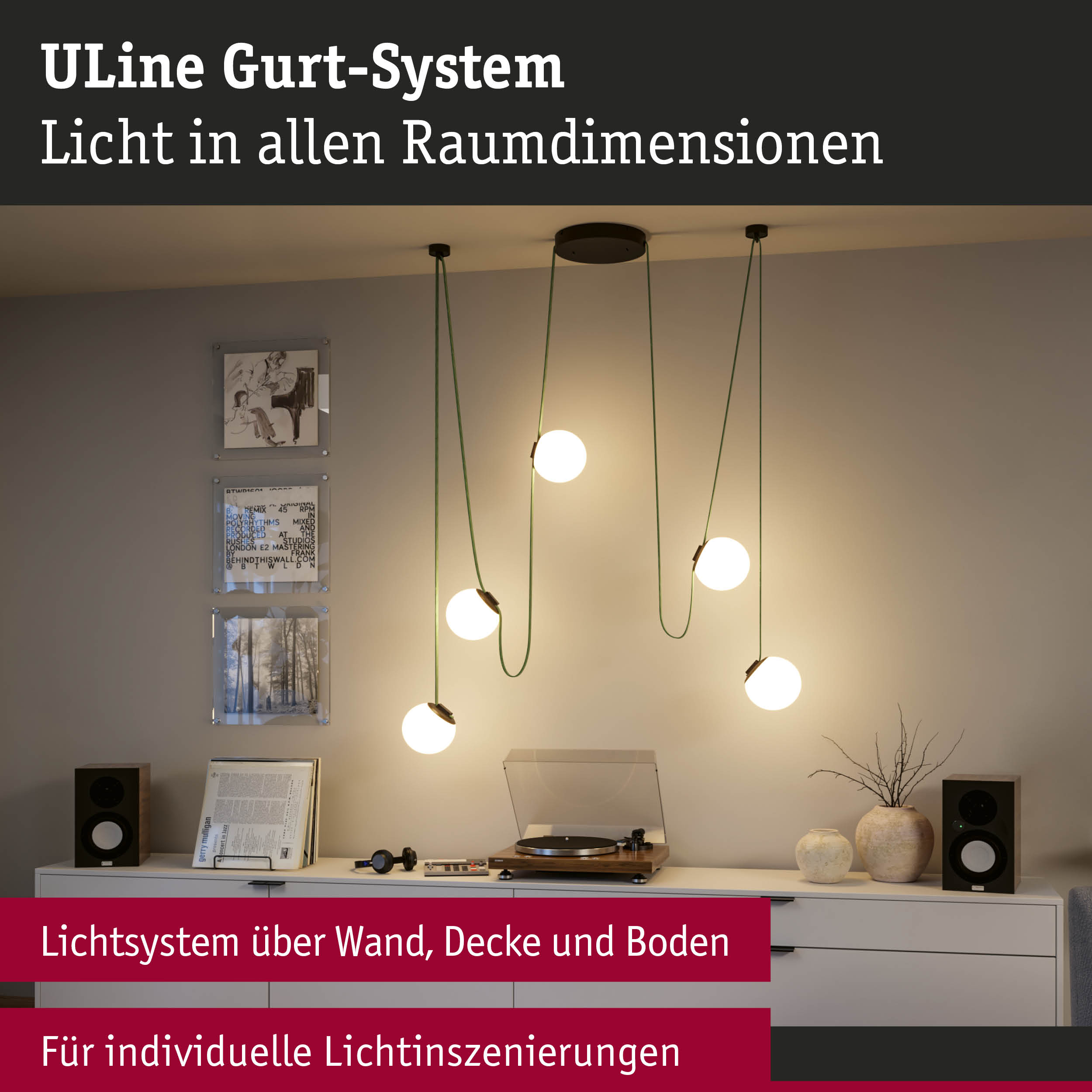 Modernes ULine Gurt-System mit weißen Kugelleuchten und grünen Kabeln in Wohnzimmer mit Plattenspieler