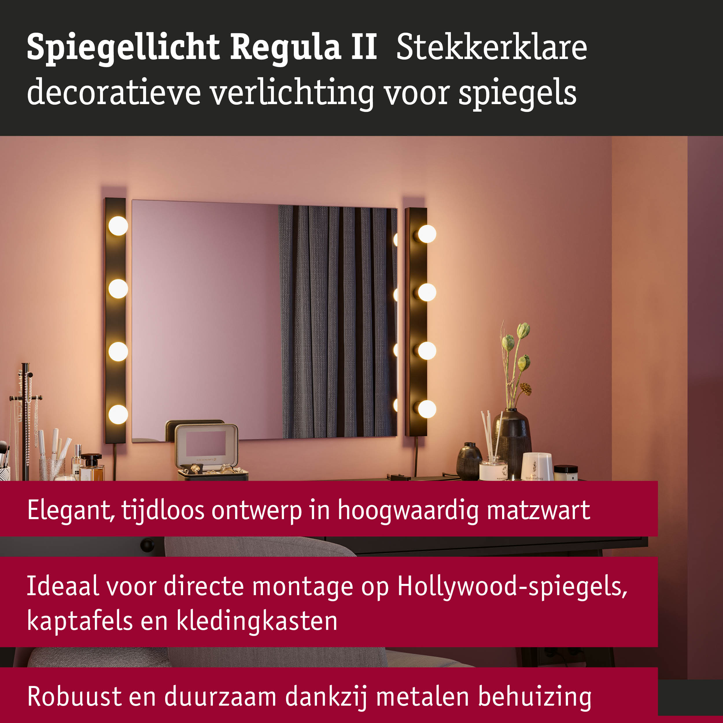 Set LED-spiegellamp Regula II Inclusief fluorescentielampen 4-vlammig E14 2700K 4x250lm 230V 4x2,5W dimbaar Zwart/Kopspiegel zwart mat