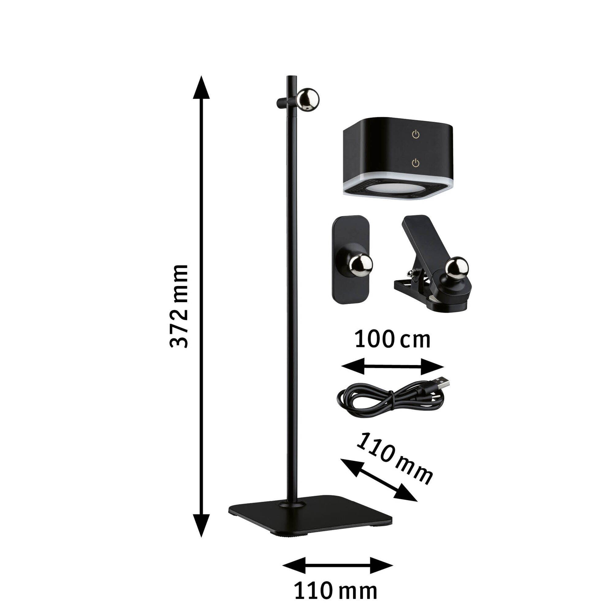 Ensemble de lumière LED noire avec support, pinces et câble USB, dimensions 372 mm hauteur, 110 mm largeur, câble 100 cm.