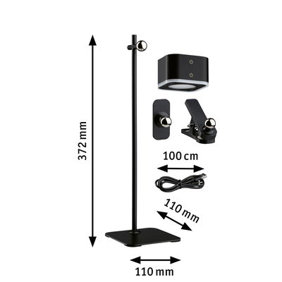 Ensemble de lumière LED noire avec support, pinces et câble USB, dimensions 372 mm hauteur, 110 mm largeur, câble 100 cm.