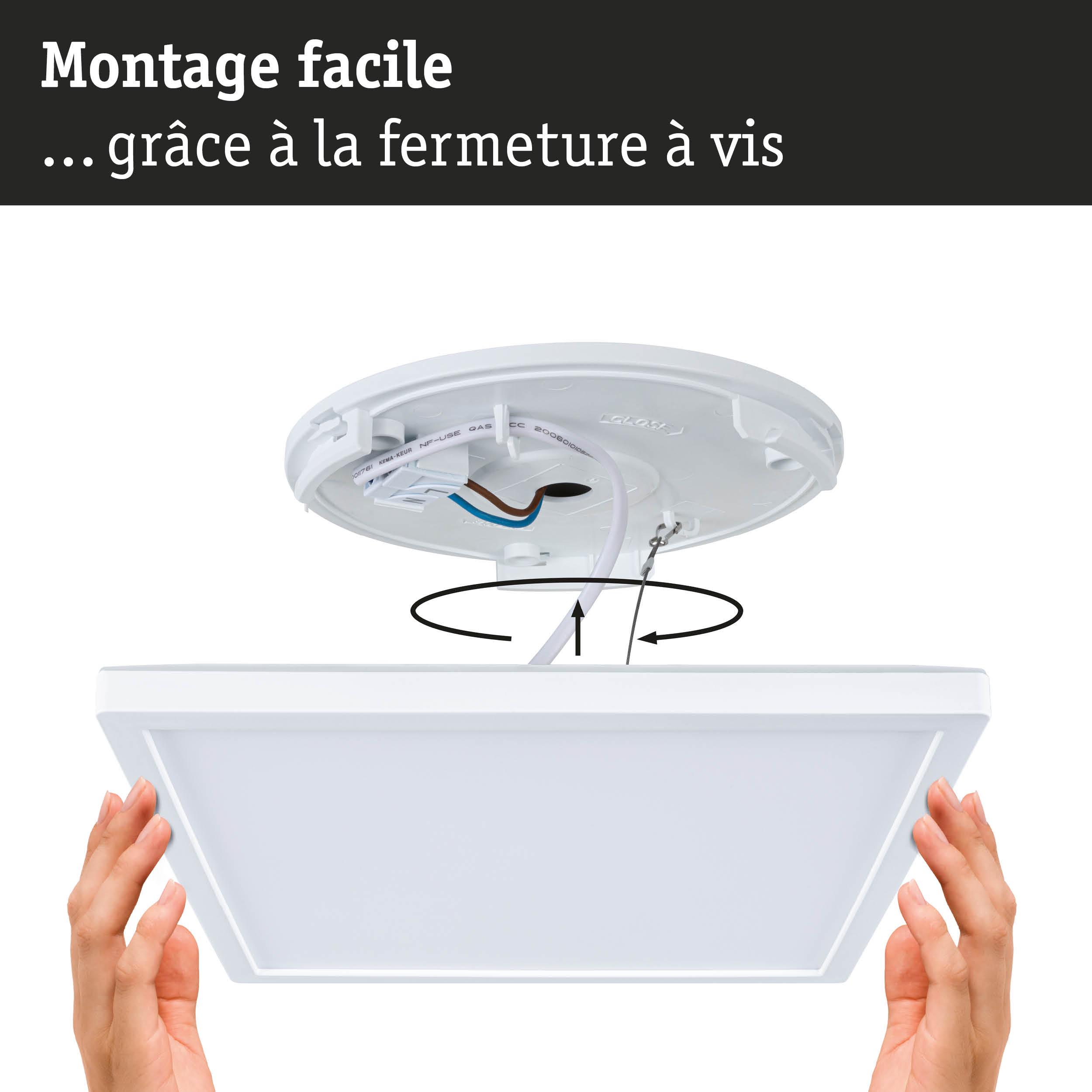 Installation facile d'un plafonnier LED carré blanc avec fermeture à vis et connexion câblée