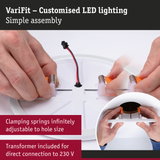 VariFit LED lighting with white plastic parts and clamping springs for easy assembly and adjustable fit