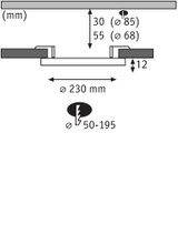 Schéma technique avec dimensions d’un système d’éclairage encastré rond Ø230 mm, profondeur d’installation 12 mm