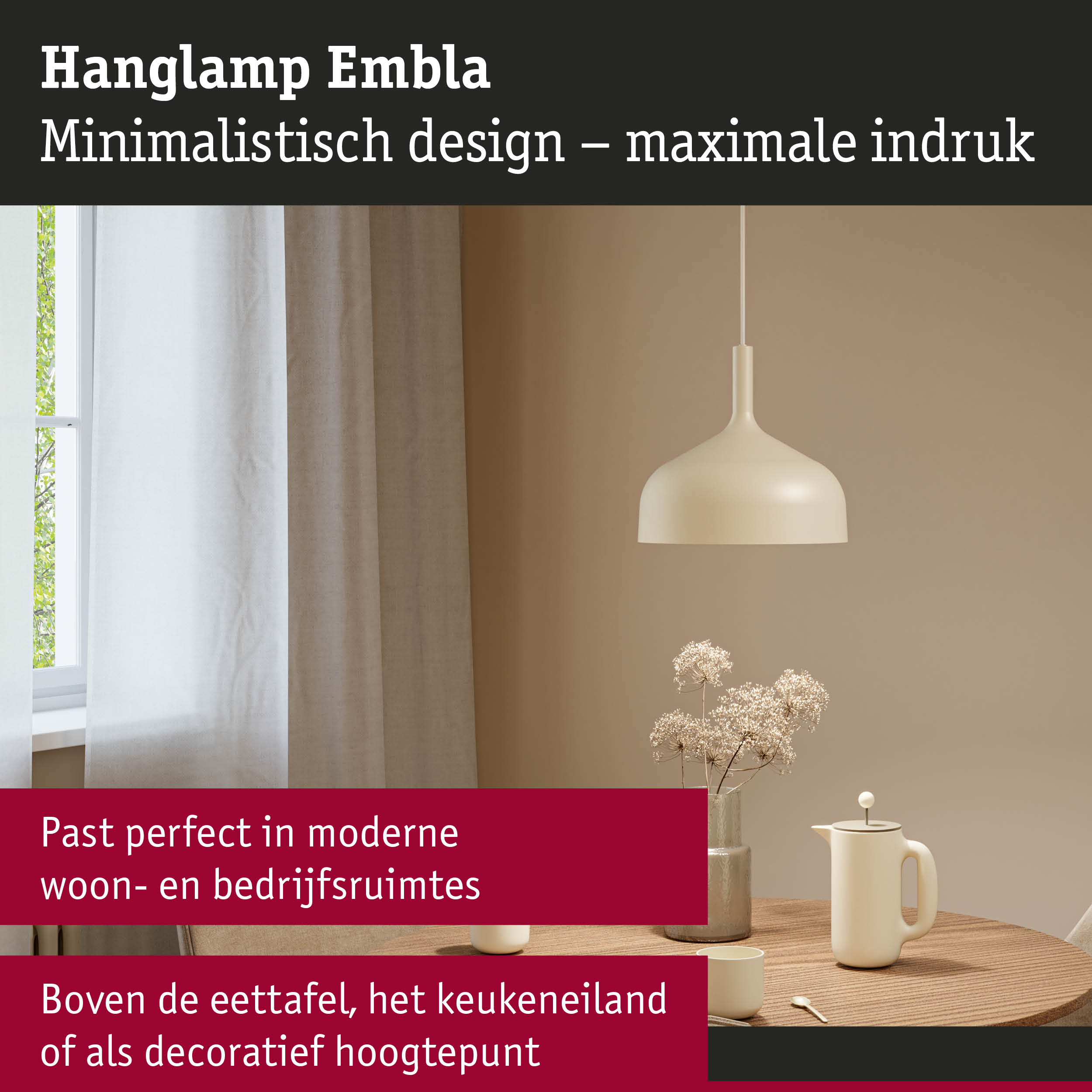 Minimalistische hanglamp Embla in crèmekleur, geschikt voor moderne woon- en werkruimtes