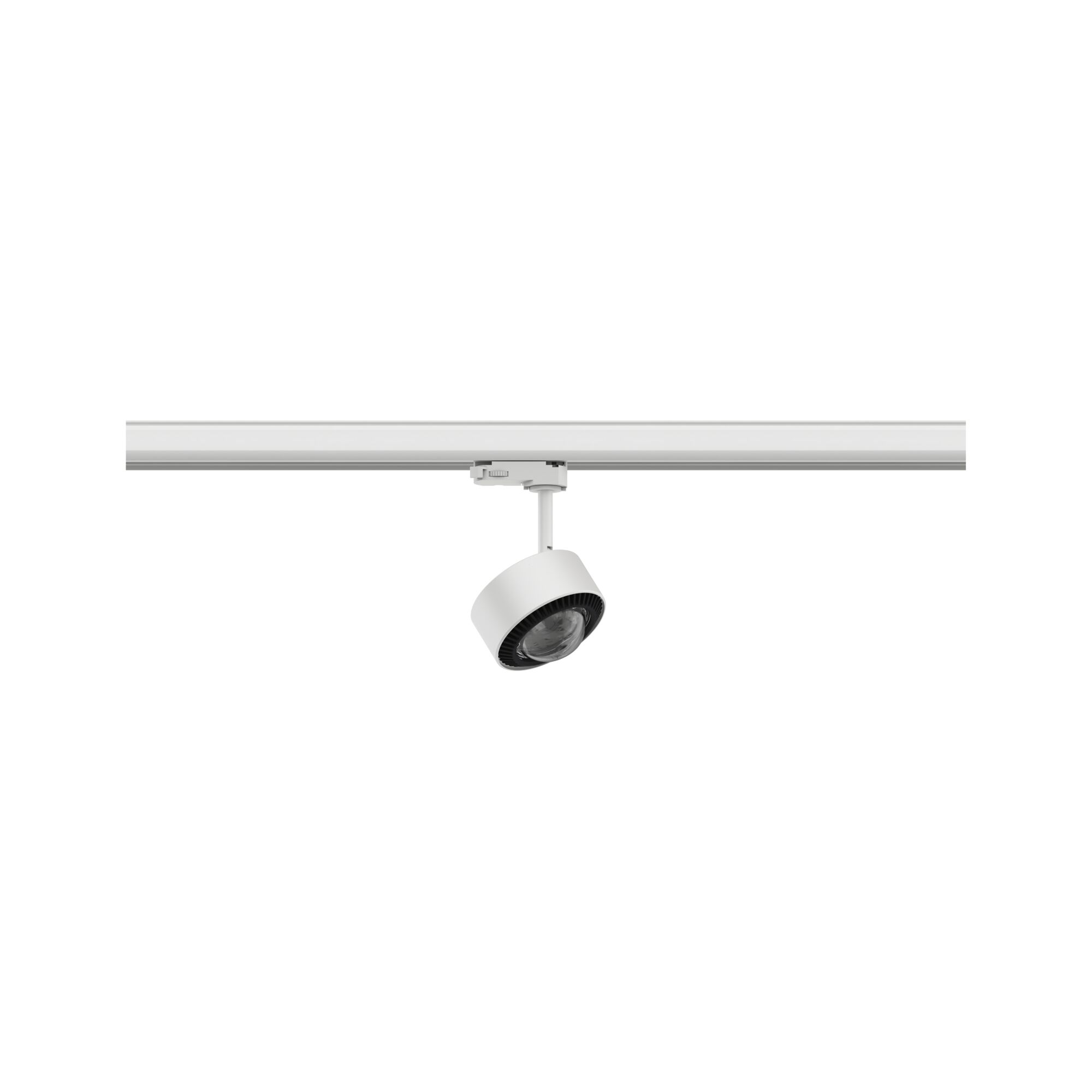 Weißer LED-Spot aus Metall an Schienensystem für flexible Raumbeleuchtung und Akzentsetzung