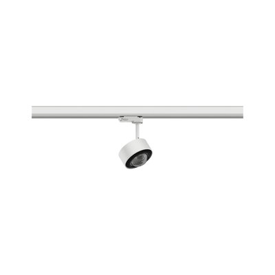 Weißer LED-Spot aus Metall an Schienensystem für flexible Raumbeleuchtung und Akzentsetzung