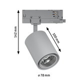 Grauer LED-Strahler aus Metall mit 78 mm Durchmesser und 142 mm Höhe für Schienensysteme.