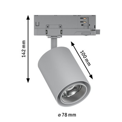 Grauer LED-Strahler aus Metall mit 78 mm Durchmesser und 142 mm Höhe für Schienensysteme.