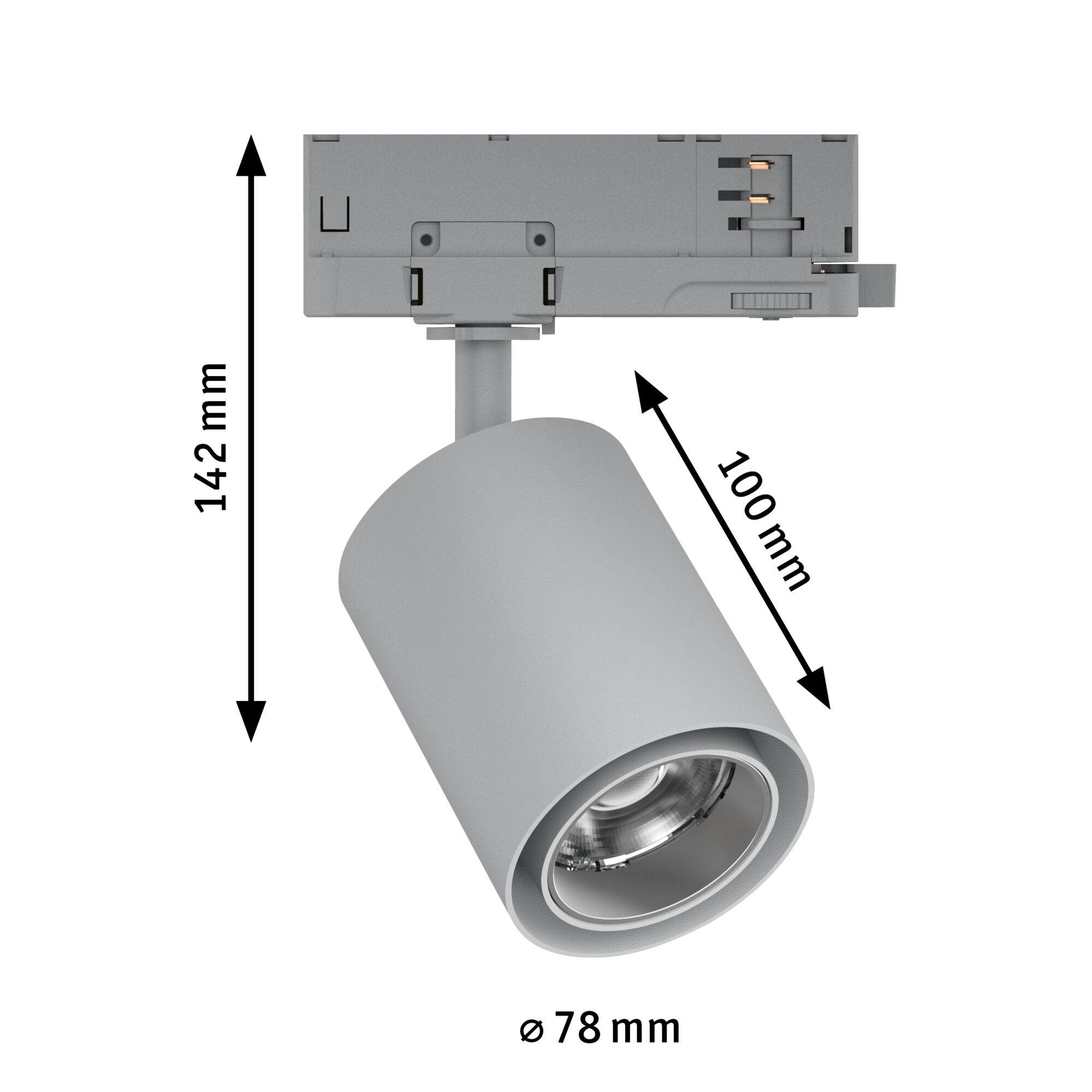 Grauer LED-Strahler aus Metall mit 142 mm Höhe und 78 mm Durchmesser für moderne Innenbeleuchtung