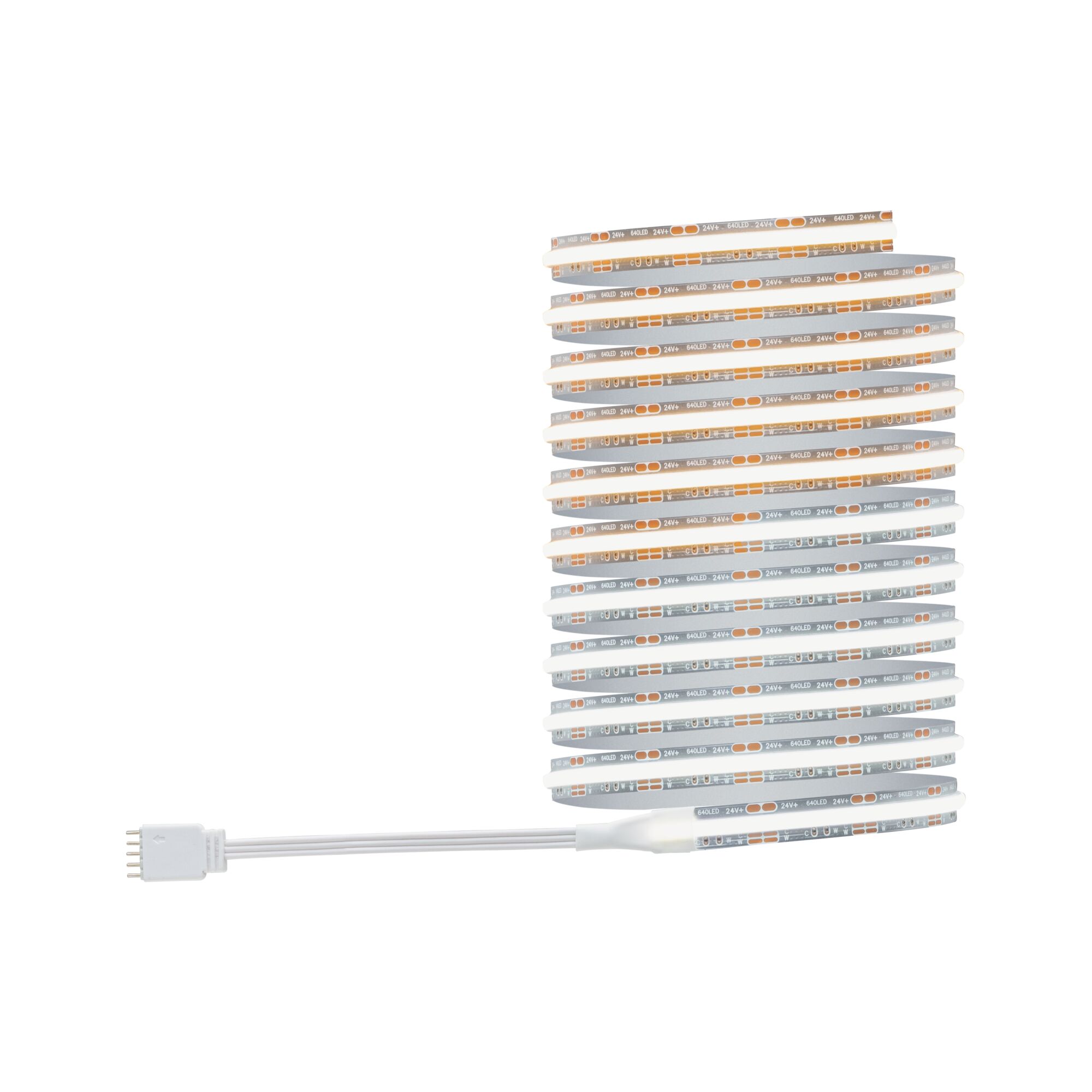 Flexible 24V LED strip with white base and orange LEDs for versatile lighting solutions