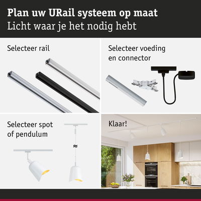 Stapsgewijze handleiding voor het plannen van een URail railsysteem met witte spots en pendelverlichting in een moderne ruimte