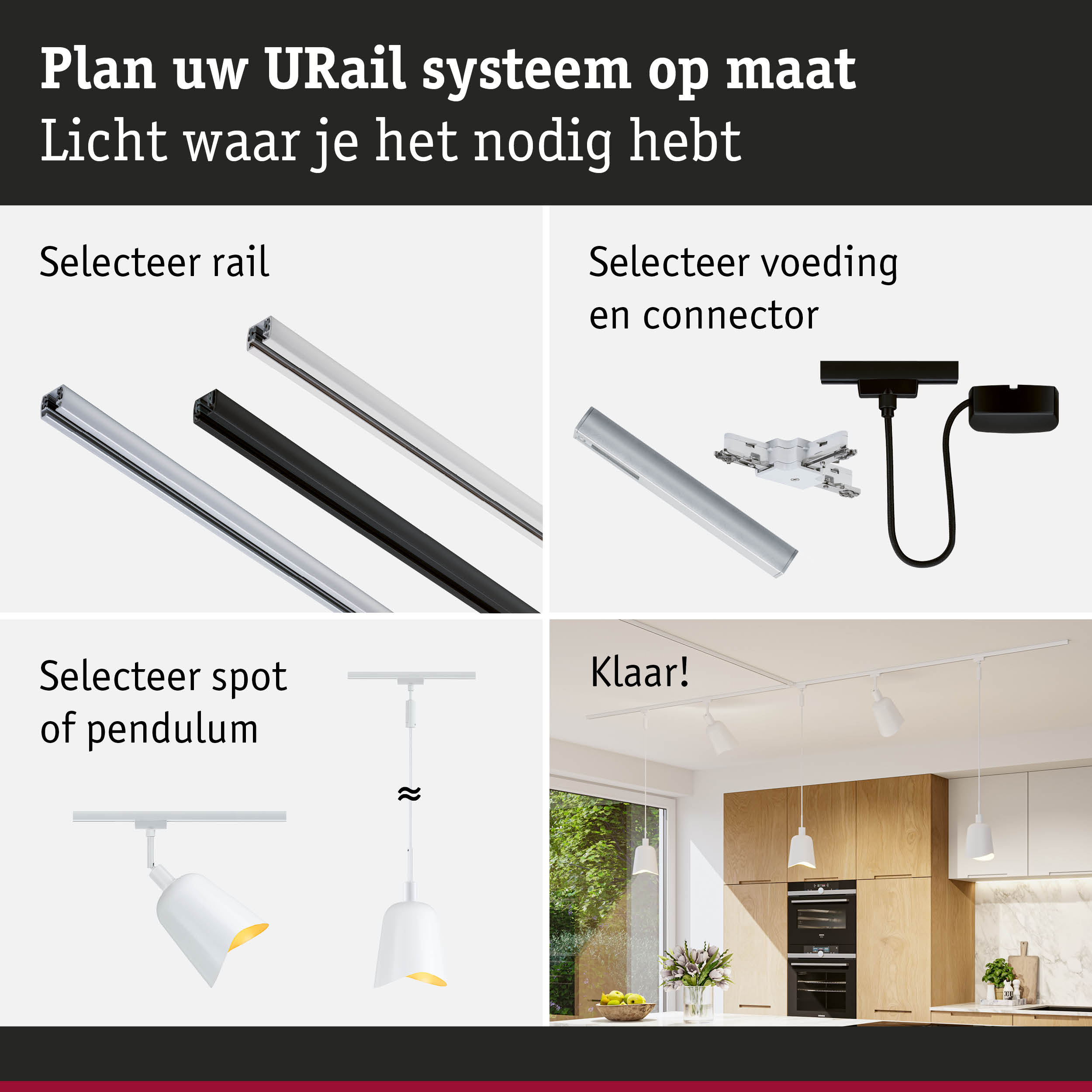 Modulair URail railsysteem in zwart en wit met diverse spots en connectoren voor flexibele verlichting