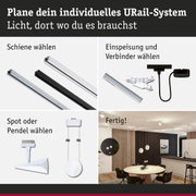 Modulares URail-Schienensystem mit weißen und schwarzen Schienen, Steckern und Spots für flexible Beleuchtung.