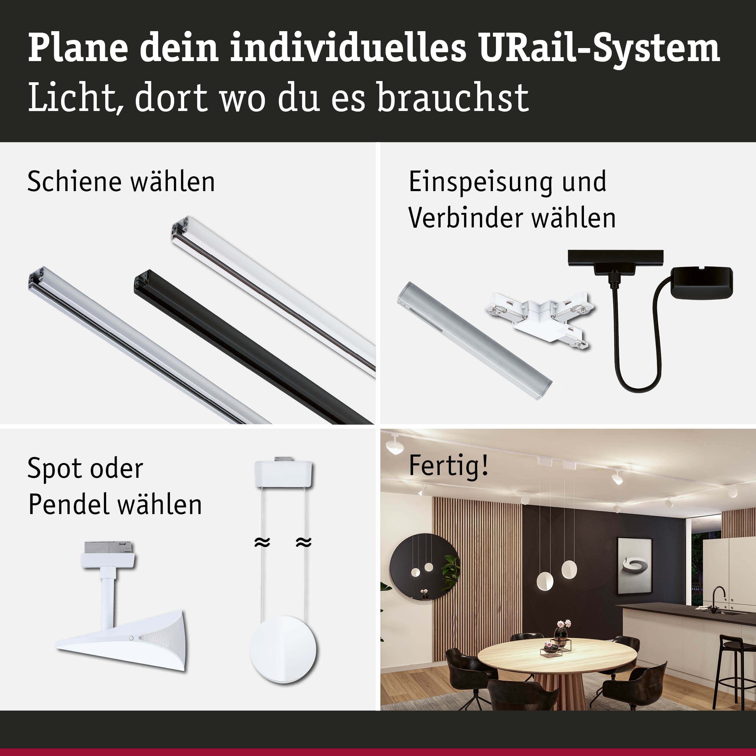 Modulares URail-Schienensystem mit weißen und schwarzen Schienen, Steckern und Spots für flexible Beleuchtung.