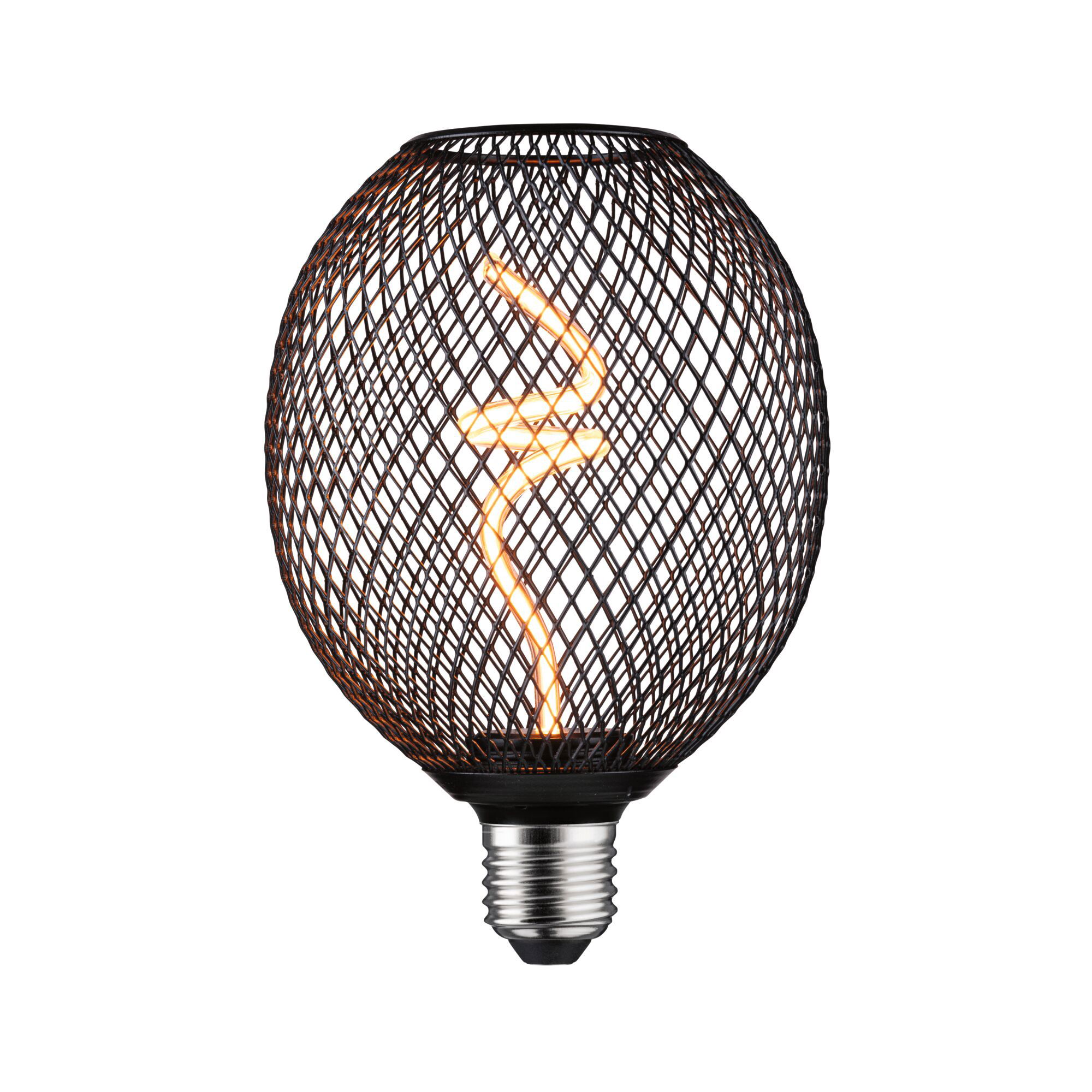 LED bulb with black metal mesh and warm white spiral filament for decorative lighting and modern design