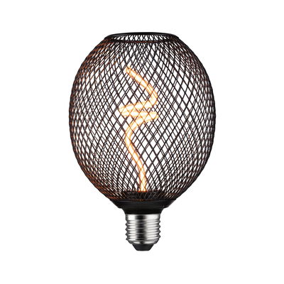 LED bulb with black metal mesh and warm white spiral filament for decorative lighting and modern design