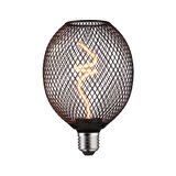 LED bulb with black metal mesh and warm white spiral filament for decorative lighting and modern design