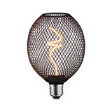LED bulb with black metal mesh and warm white spiral filament for decorative lighting and modern design