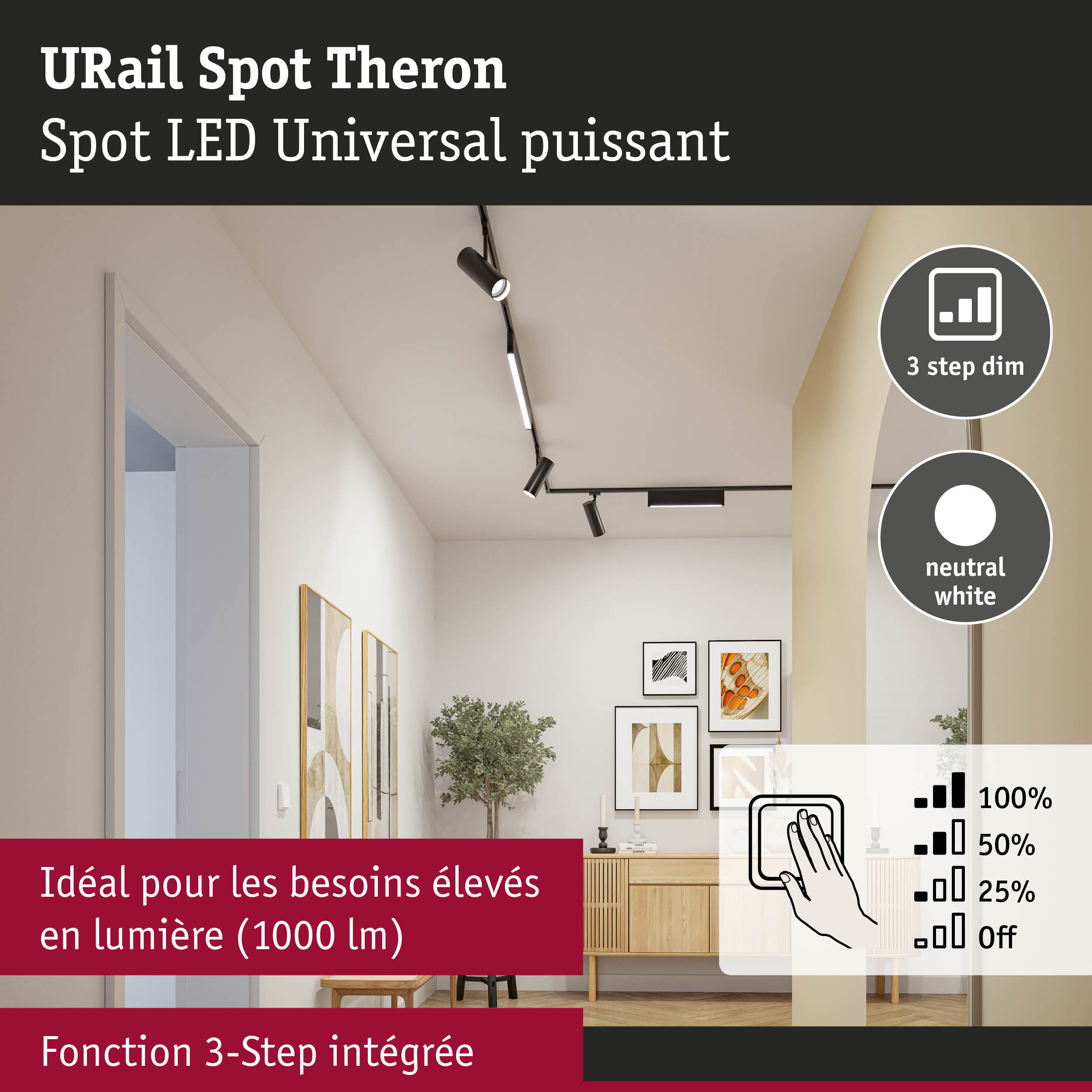 Spot LED URail Theron noir avec fonction de gradation 3 étapes et lumière blanc neutre pour intérieur