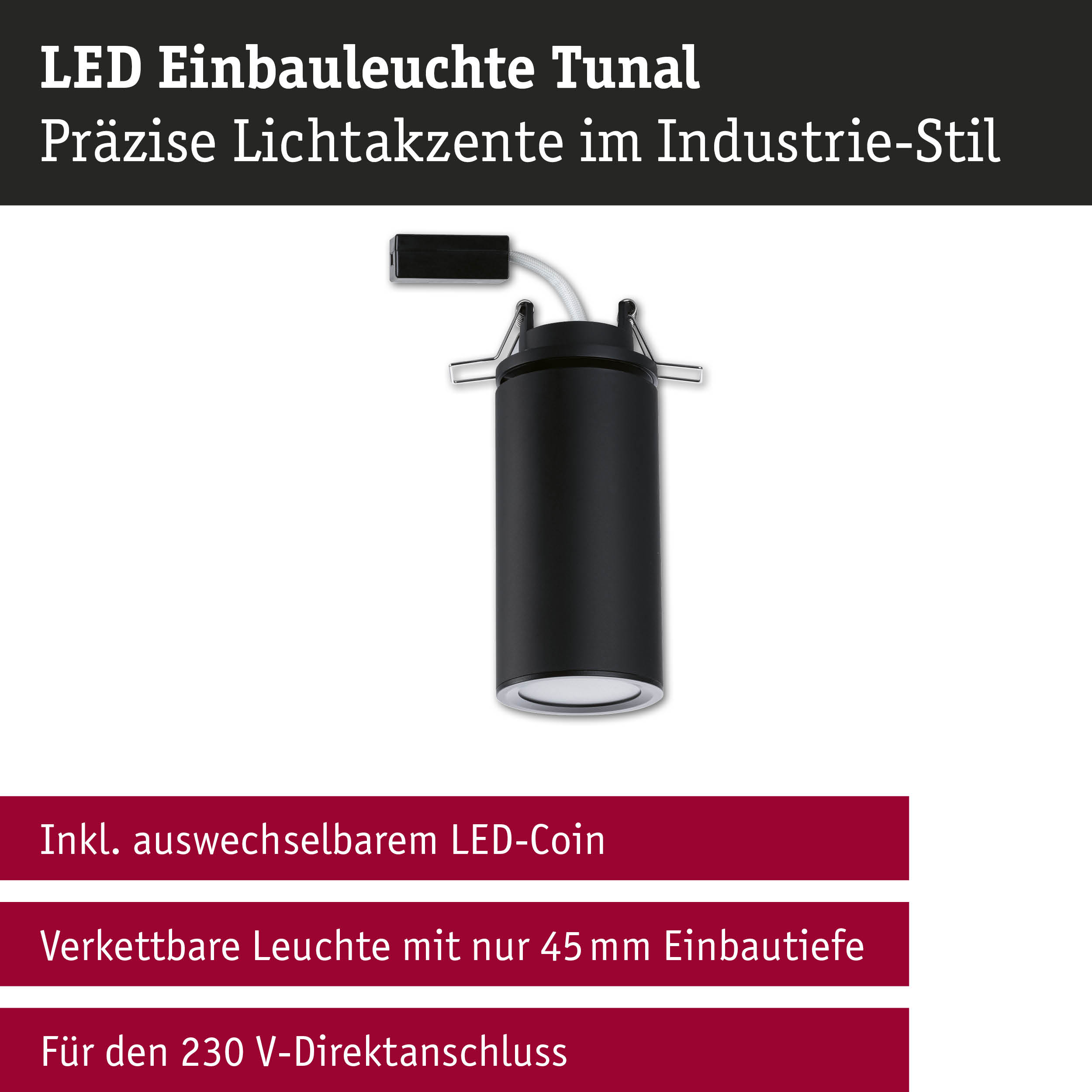 Schwarze LED Einbauleuchte Tunal aus Metall mit präzisen Lichtakzenten im Industrie-Stil