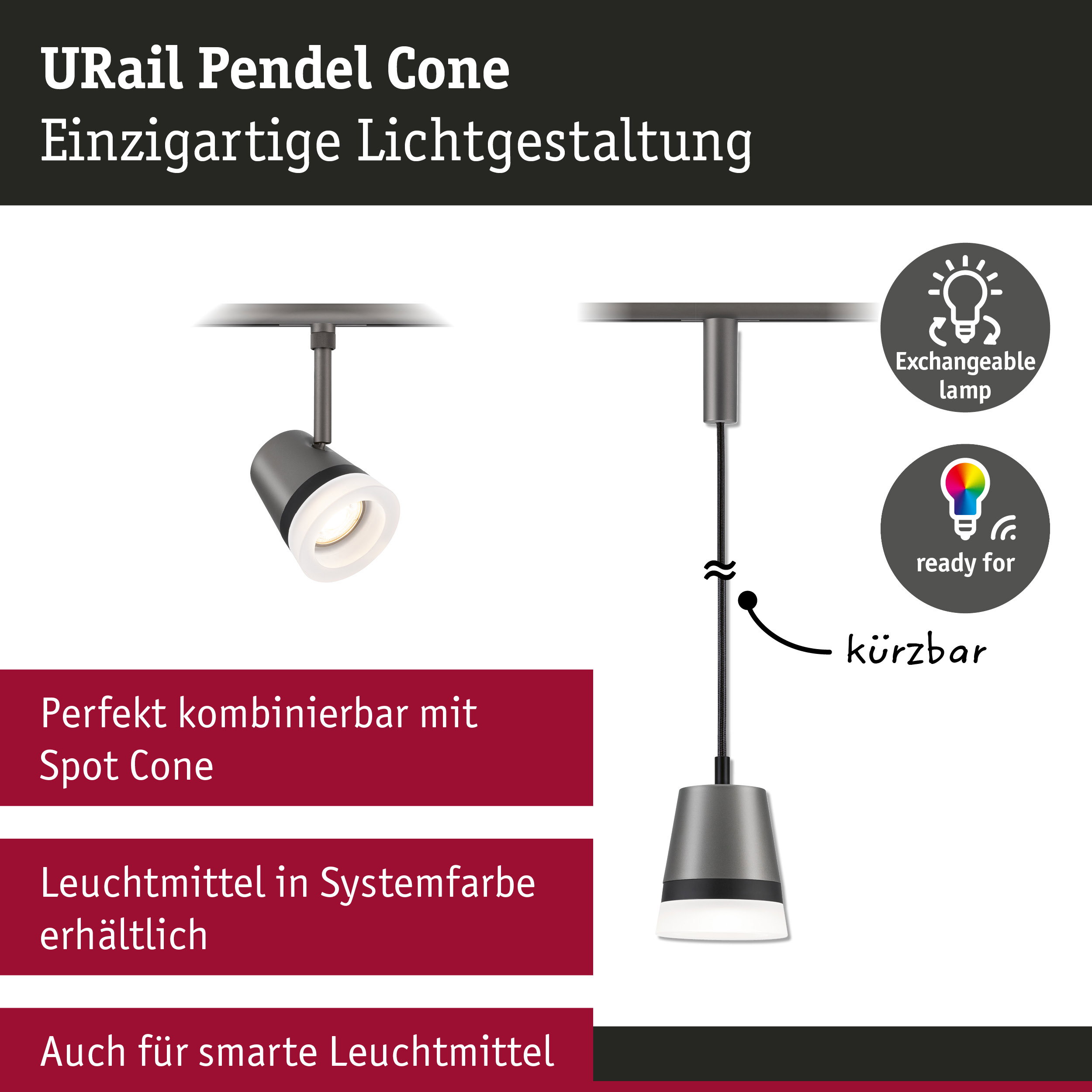URail Pendel Cone GU10 max. 10W dimmbar 230V Titanium