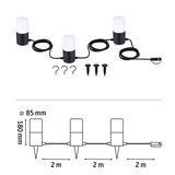 Three black and white LED garden lights with cables and ground spikes, 2 meters spacing, outdoor lighting