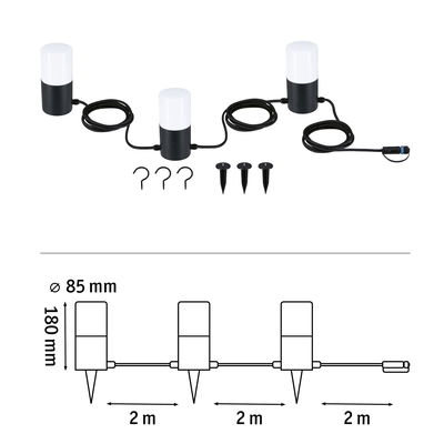Three black and white LED garden lights with cables and ground spikes, 2 meters spacing, outdoor lighting