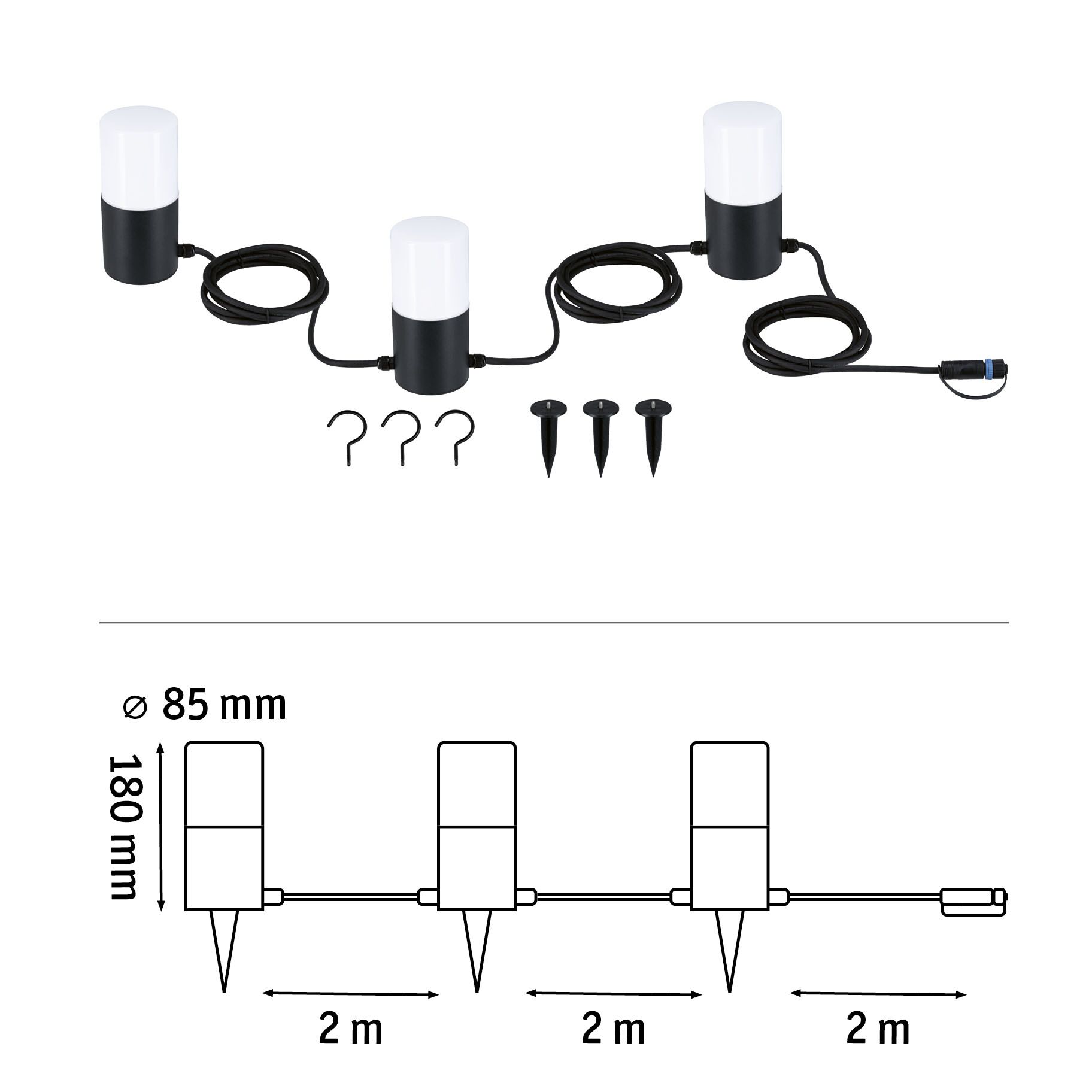 Trois lampes de jardin LED noires et blanches avec câbles et piquets, espacement de 2 mètres, éclairage extérieur