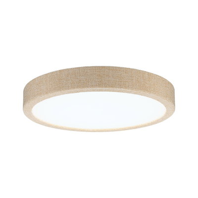 Runde Deckenleuchte mit beige gewebtem Stoffrand und weißem Diffusor für warmes LED-Licht