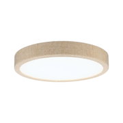 Runde Deckenleuchte mit beige gewebtem Stoffrand und weißem Diffusor für warmes LED-Licht