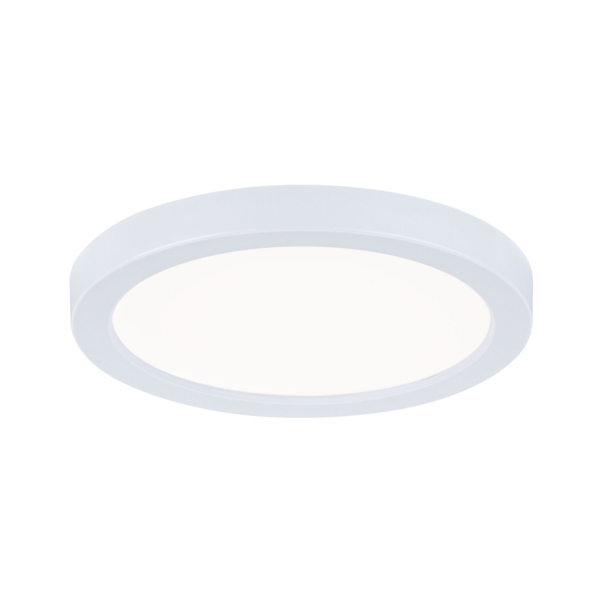 Round white LED ceiling light with matte plastic frame for modern room lighting