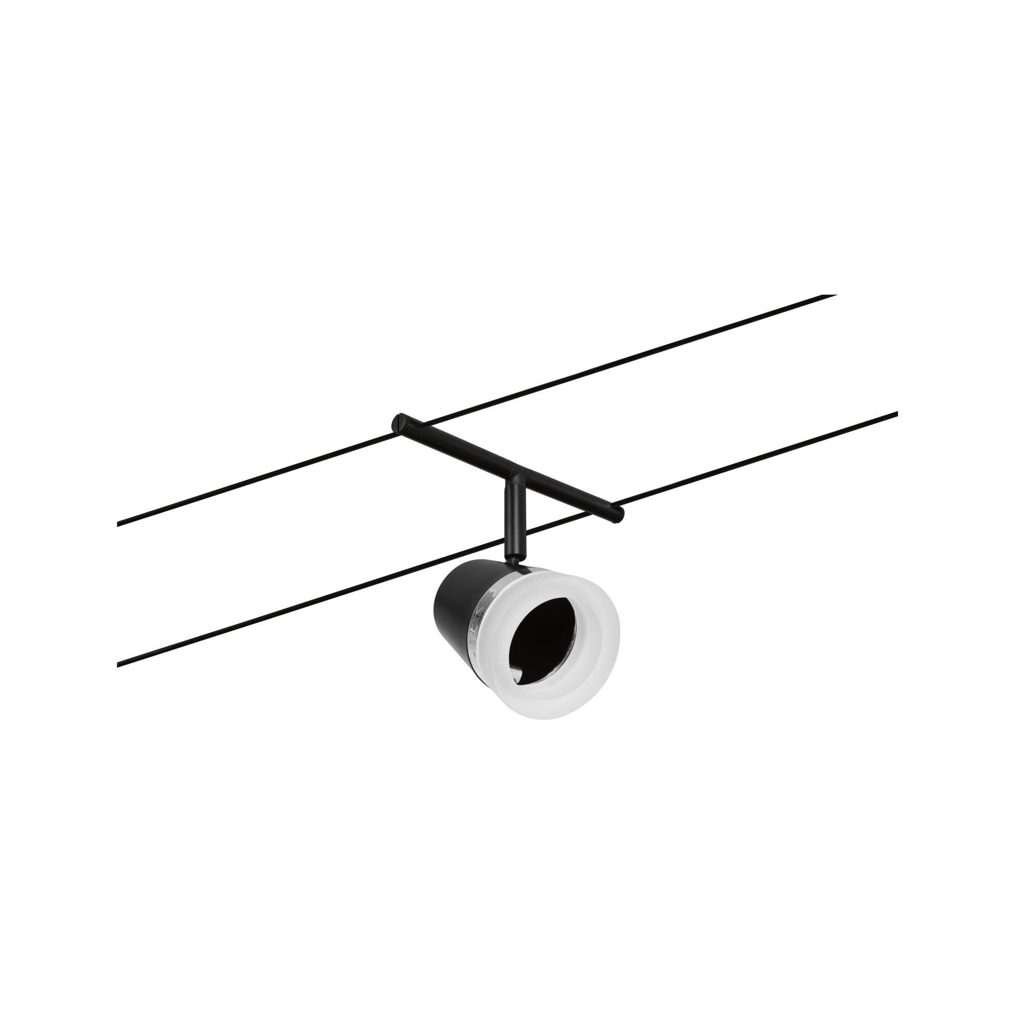 Black LED cable spotlight with white plastic diffuser for modern lighting solutions.