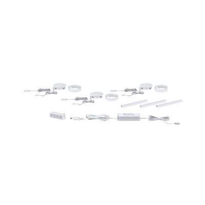 Ensemble d'éclairage LED blanc sous meuble avec lampes rondes et linéaires et alimentation pour éclairage polyvalent