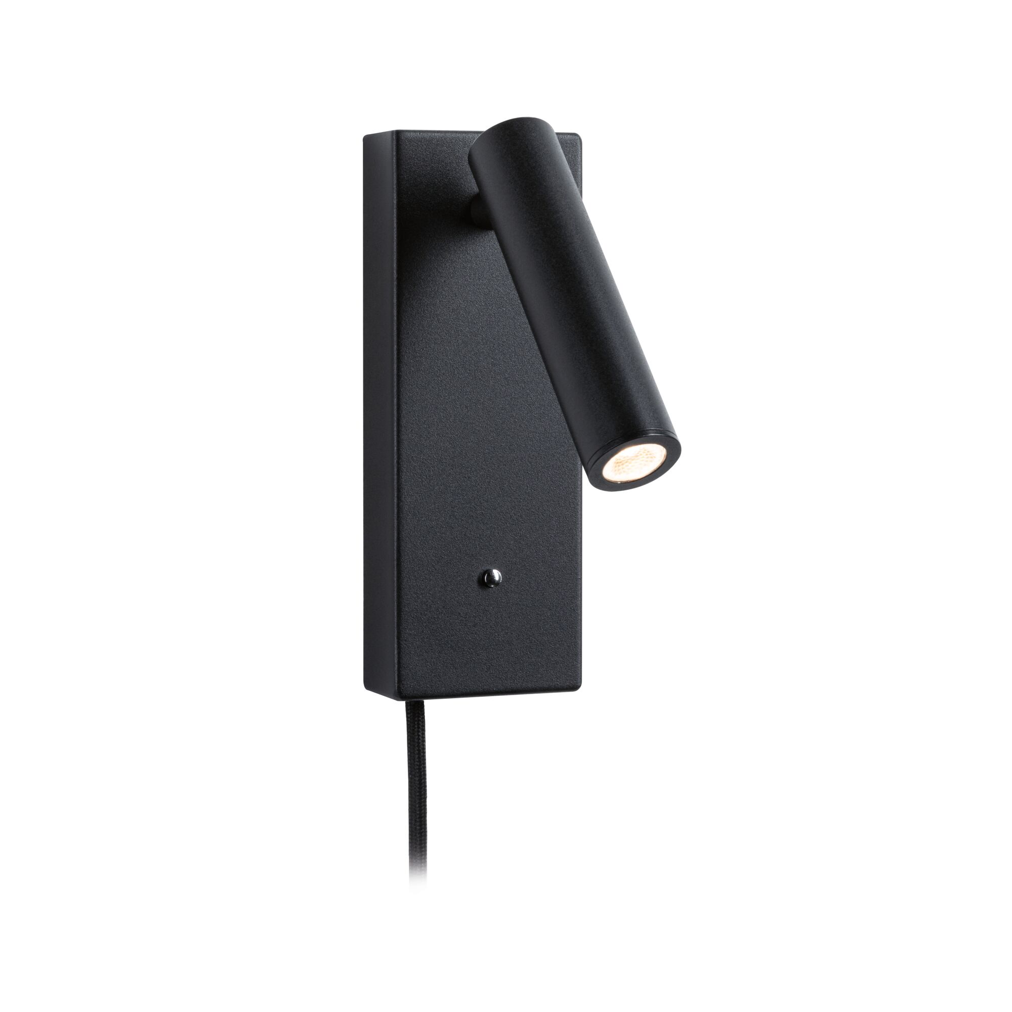 Black metal LED wall light with adjustable cylindrical head and fabric cable for modern lighting