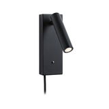 Black metal LED wall light with adjustable cylindrical head and fabric cable for modern lighting