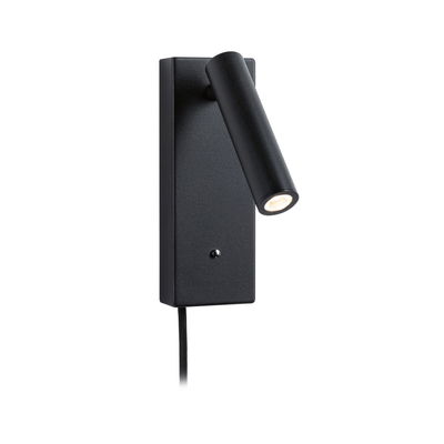 Black metal LED wall light with adjustable cylindrical head and fabric cable for modern lighting