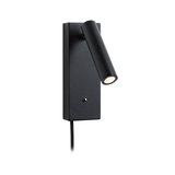 Zwarte metalen LED-wandlamp met verstelbare cilindervormige kop en stoffen kabel voor modern licht