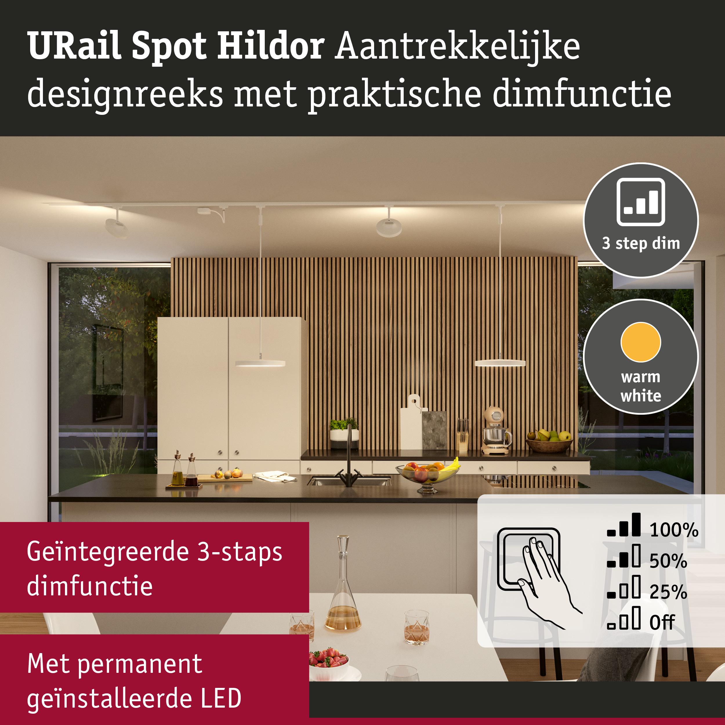 Moderne keuken met URail Spot Hildor LED-hanglampen in warm wit met 3-staps dimfunctie