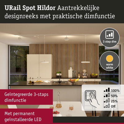 Moderne keuken met URail Spot Hildor LED-hanglampen in warm wit met 3-staps dimfunctie