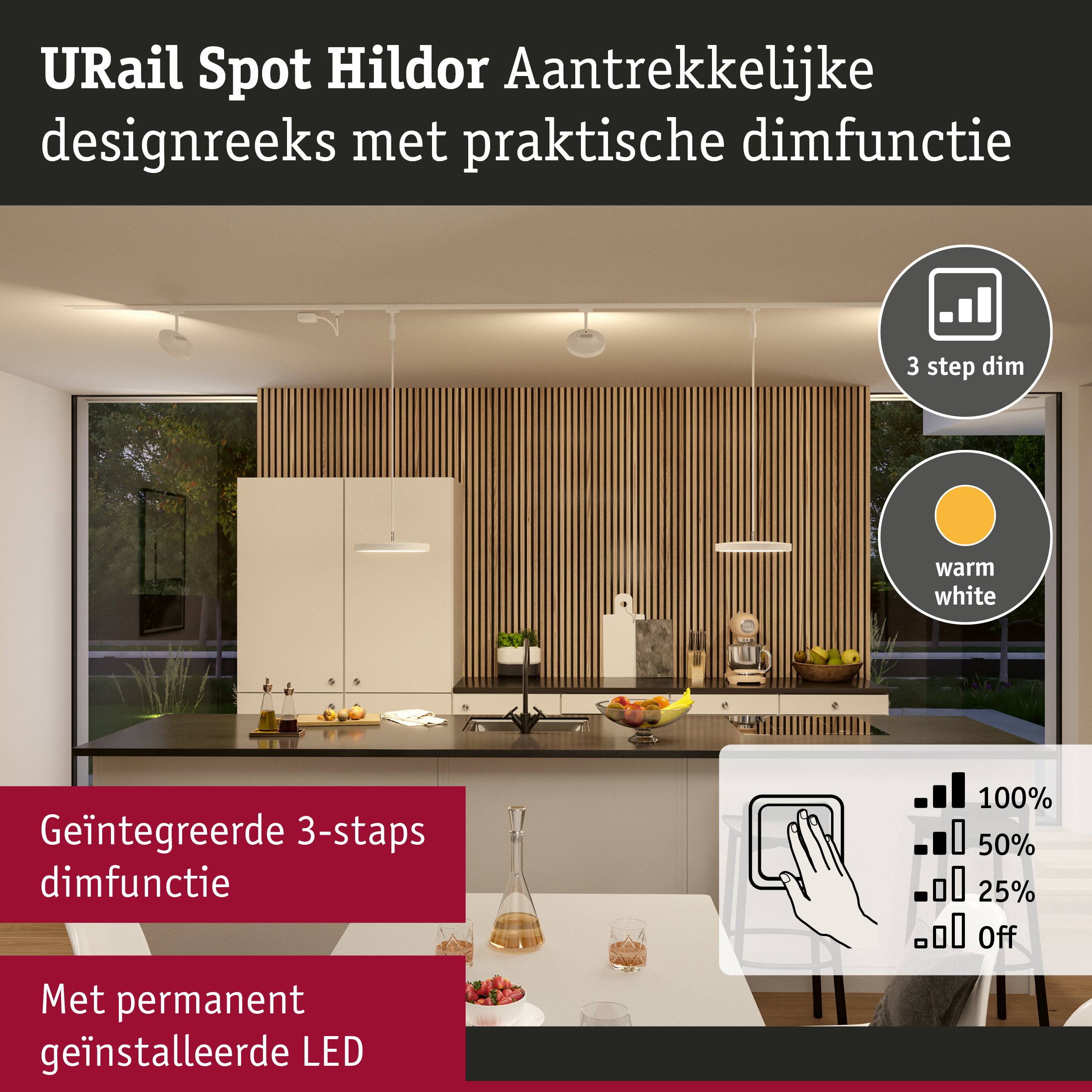 Moderne URail Spot Hildor witte LED-plafondlamp met geïntegreerde 3-staps dimfunctie voor woonkamers