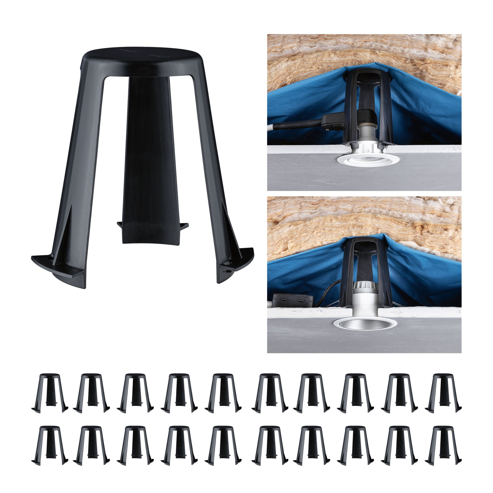 Black plastic mounting bracket for recessed lights, installation aid for LED ceiling fixtures.