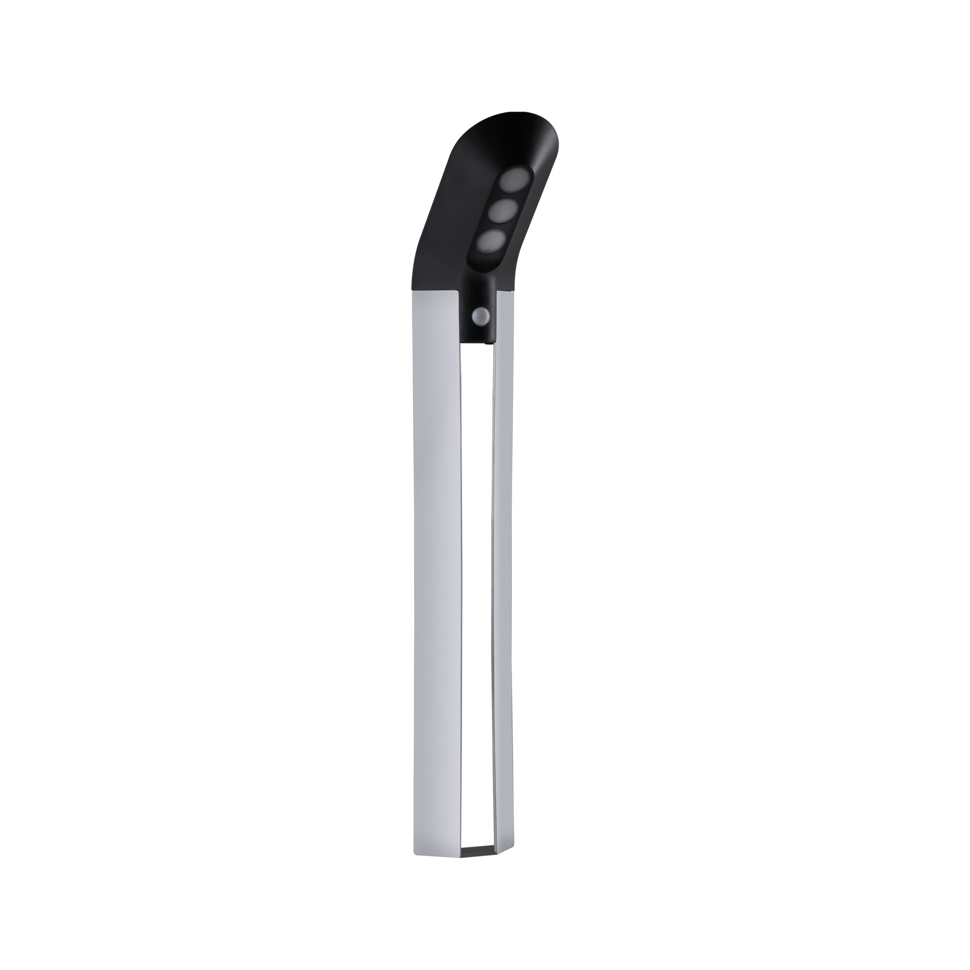 Modern silver and black metal LED outdoor light with motion sensor for garden lighting