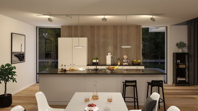 Modern kitchen with white island, wood panel wall, and energy-saving LED ceiling lights by Paulmann.