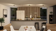 Modern kitchen with wooden slat wall, white cabinets and black countertop, stylish pendant and track lighting