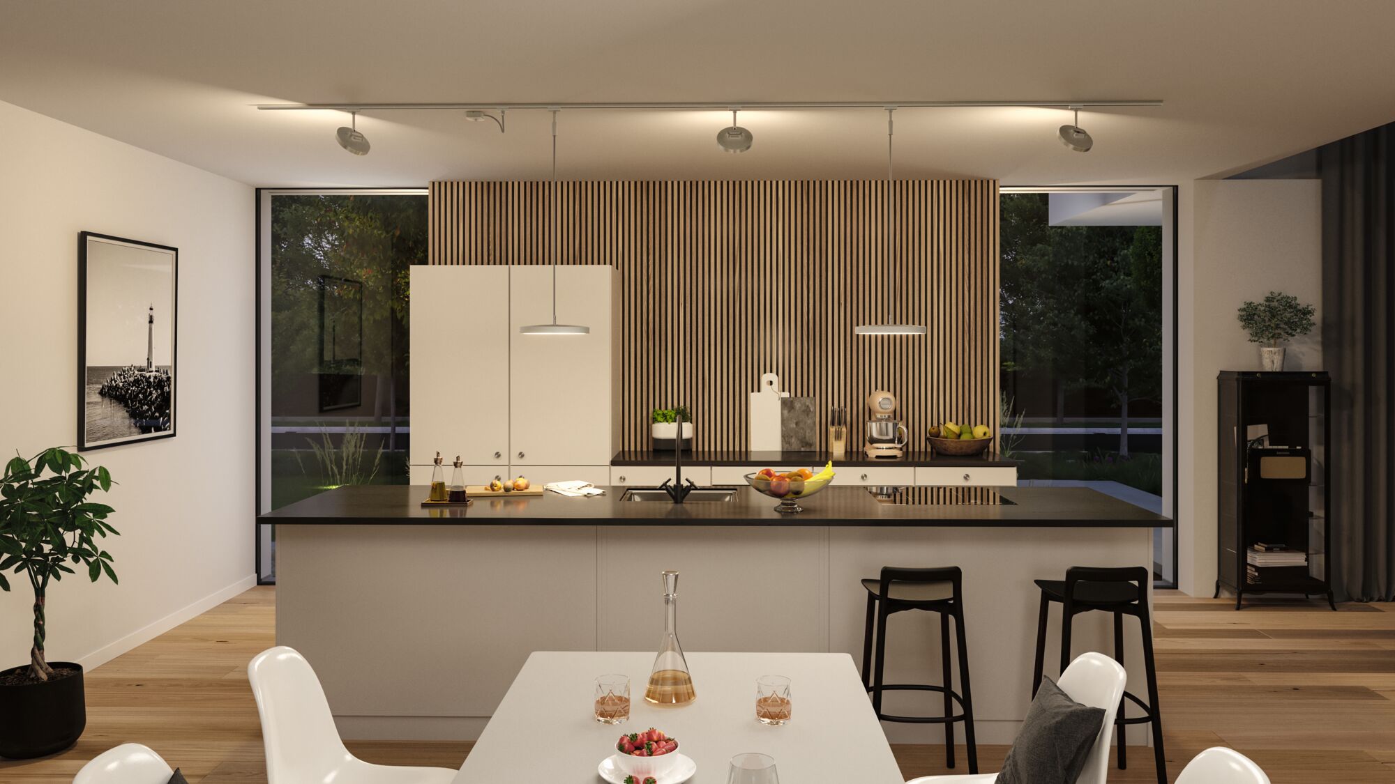 Cuisine moderne avec mur en lattes de bois, armoires blanches et plan de travail noir, éclairage élégant