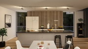 Cuisine moderne avec mur en lattes de bois, armoires blanches et plan de travail noir, éclairage élégant