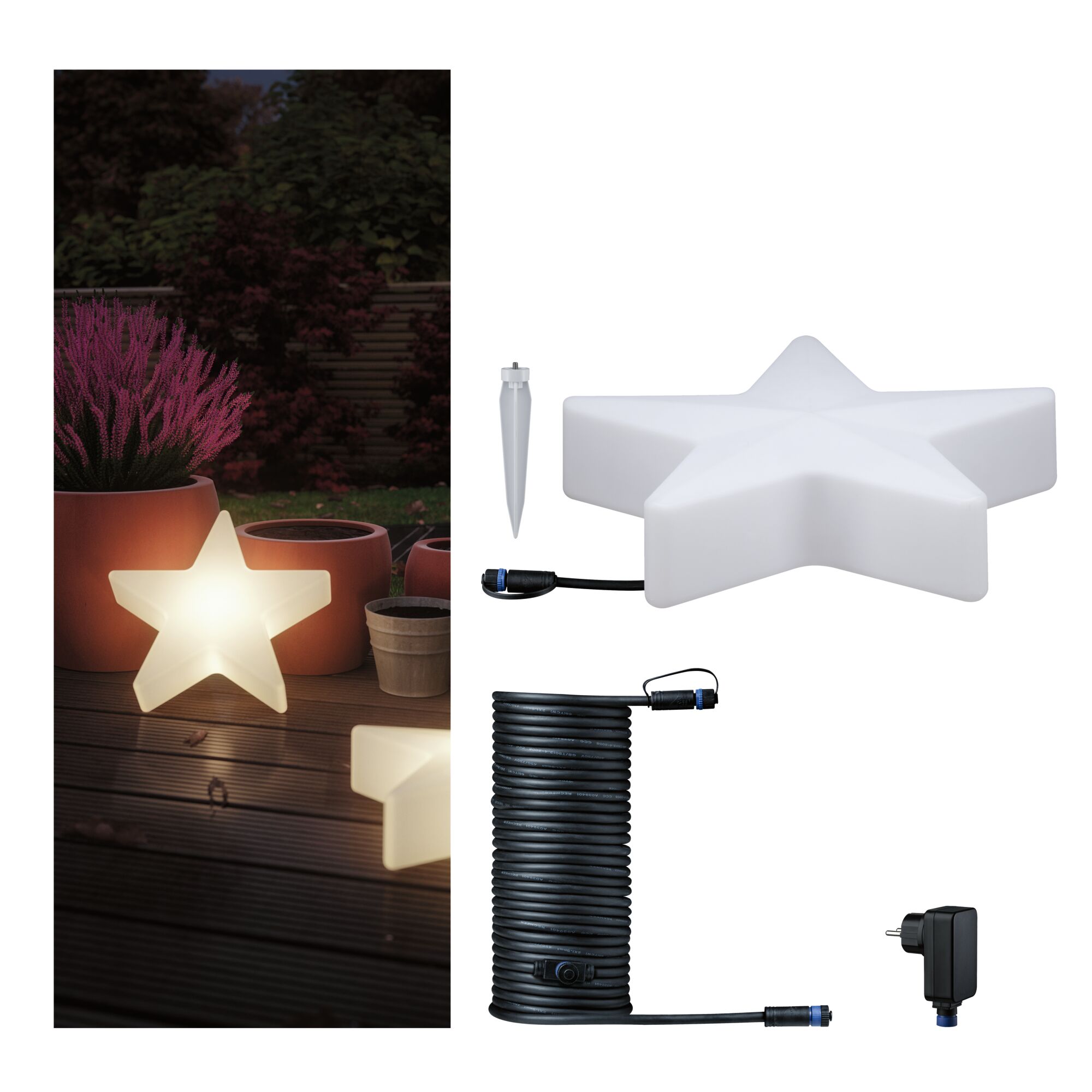 Plug & Shine Set LED Light object Star White plastic star with LED light and accessories for garden and outdoor lighting setup.