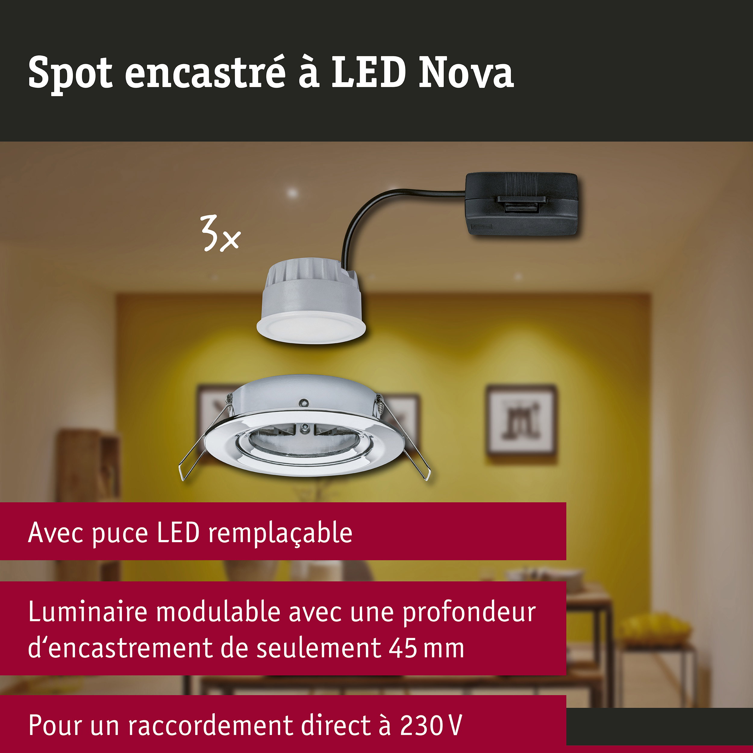 Spot encastré LED 3-Step-Dim Nova Coin Kit de base orientable rond 84mm 50° Coin 3x6W 3x470lm 230V gradable 2700K Chrome