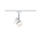 Moderner weißer LED-Strahler mit Chromakzenten an Schienensystem für flexible Raumbeleuchtung